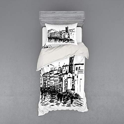 Ambesonne Venetian City Sketch Bedding Set 3 Piece Twin XL Black White