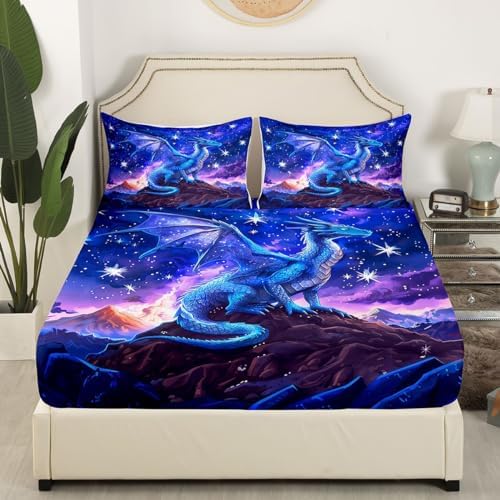 Homewish Dragon Fitted Sheet Set Full Size with 2 Pillowcases