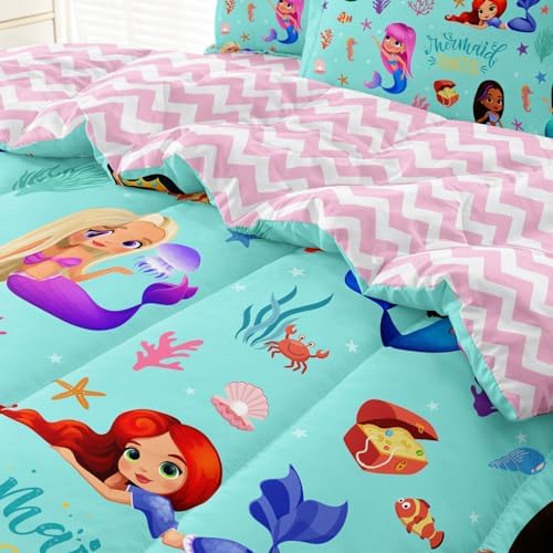 SIRDO Kids Mermaid Bed Set Twin Size 5-Piece