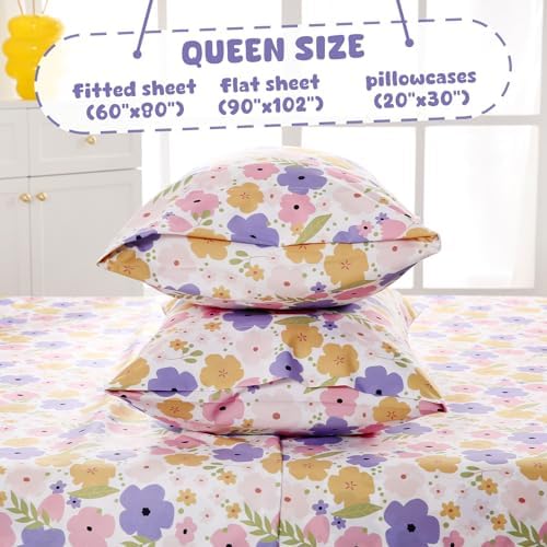 LONAVA Queen Sheet Set Kids - Flower 4 Piece Microfiber Bedding