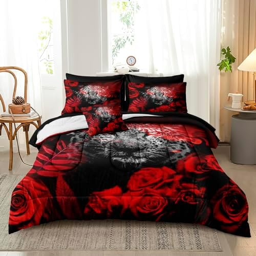Bedbay Red Rose Leopard Comforter Set Cal-King