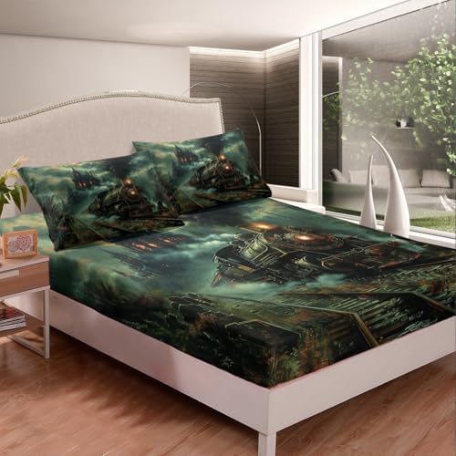Manfei Retro Train Kids Fitted Sheet Set