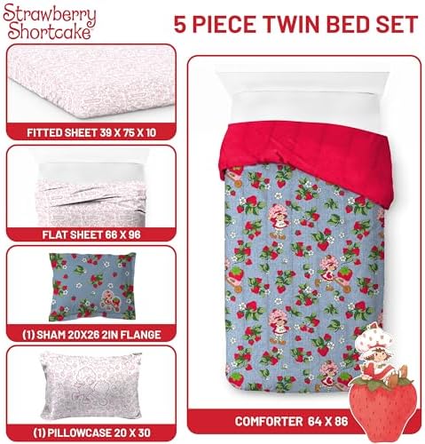 Jay Franco Kids Comforter Set - Strawberry Shortcake Blue 5 Piece Twin