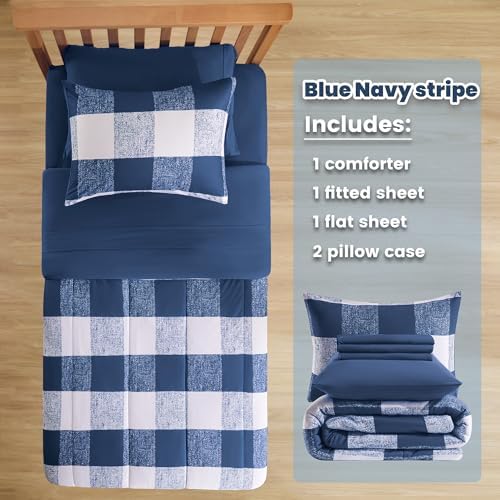 SLEEP ZONE Kids Comforter Set with Blue Grid Design
