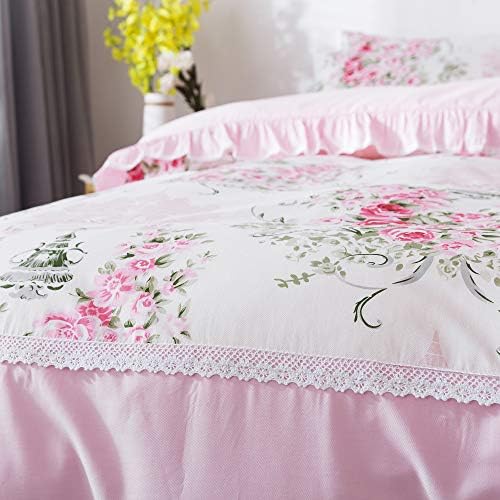 FADFAY Sweet Pink Rosette Floral Duvet Cover Set Queen 7Pcs