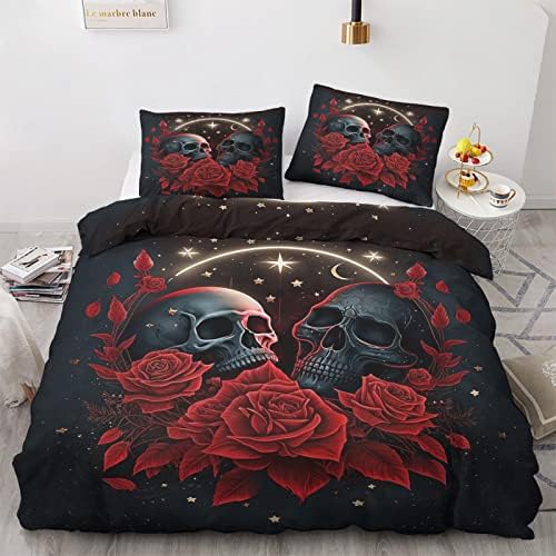 Cal King Duvet Cover Set with Rose Skull Design