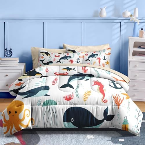 Nesker 7 Pcs Comforter Set for Kids Ocean Animal Themed