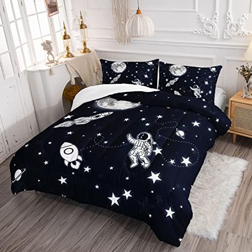 Kids Comforter Set Astronaut Space Rocket Quilt Bedding Set 3PCS