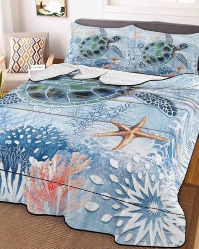 Stongaro Twin XL Quilt Coastal Ocean Turtle Comforter Set 3 Pieces