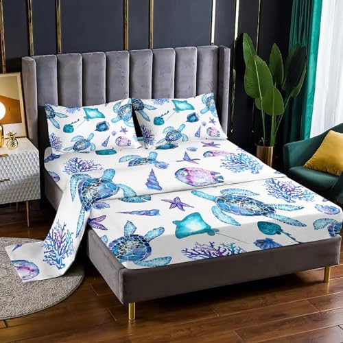 Blue Sea Turtle Sheet Set 4Pcs Twin Ocean Decor