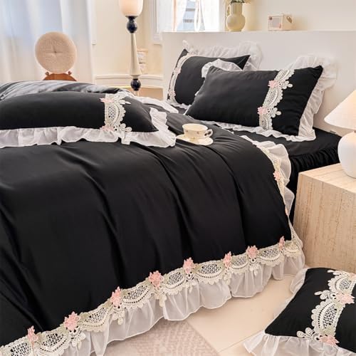MOOWOO Flower Lace Ruffled Duvet Set - Sweet Girl Chiffon 3PC