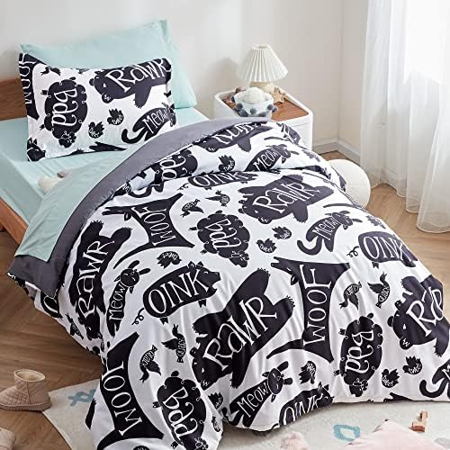 Sleep Zone Kids Duvet Cover Set Twin 2P - Black White Animals Soft Cozy