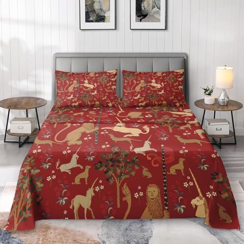 Pamnest Full Size Bed Sheet Set with Medieval Beige Lion Design