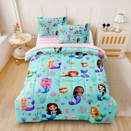 SIRDO Kids Mermaid Bed Set Twin Size 5-Piece
