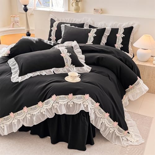 MOOWOO Flower Lace Ruffled Duvet Set - Sweet Girl Chiffon 3PC