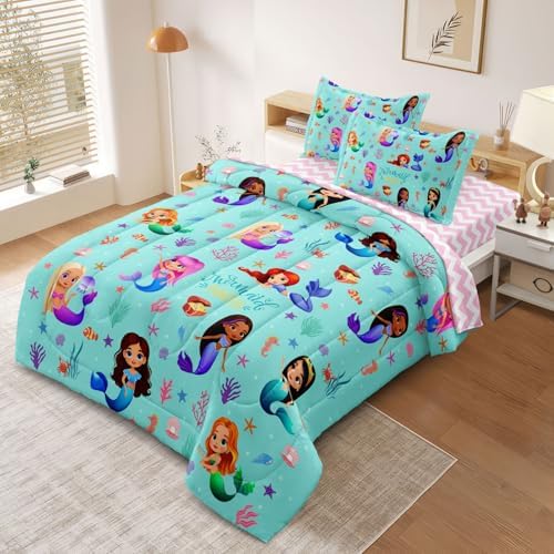 SIRDO Kids Mermaid Bed Set Twin Size 5-Piece