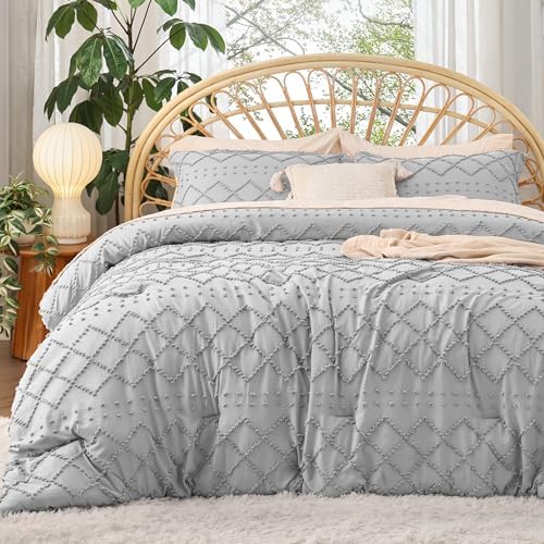 Bedsure California King Comforter Set - Light Grey Fluffy Durable Boho Style