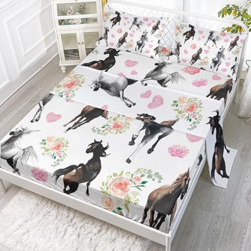 Kids Horses Flowers Sheet Set 4 Pcs Full Size
