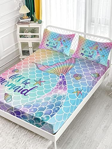 Datura Home 4Pcs Kids Rainbow Scales Mermaid Sheet Set for Boys Girls