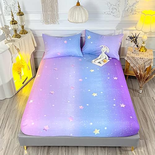 HOSIMA Rainbow Glitter Star Fitted Sheet Set for Girls