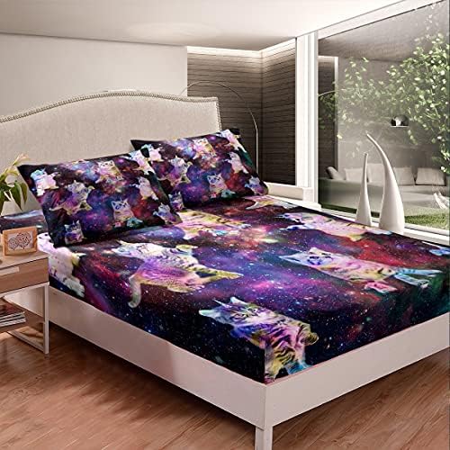 Feelyou Galaxy Cat Bed Sheet Set with 1 Flat Sheet and 2 Pillowcases