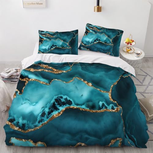 BAFABUI Teal Blue Marble Duvet Cover Set