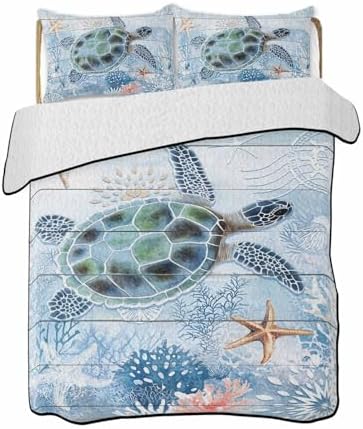 Stongaro Twin XL Quilt Coastal Ocean Turtle Comforter Set 3 Pieces