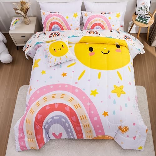 Btargot 5 Piece Pink Rainbow Comforter Set for Kids