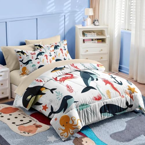Nesker 7 Pcs Comforter Set for Kids Ocean Animal Themed