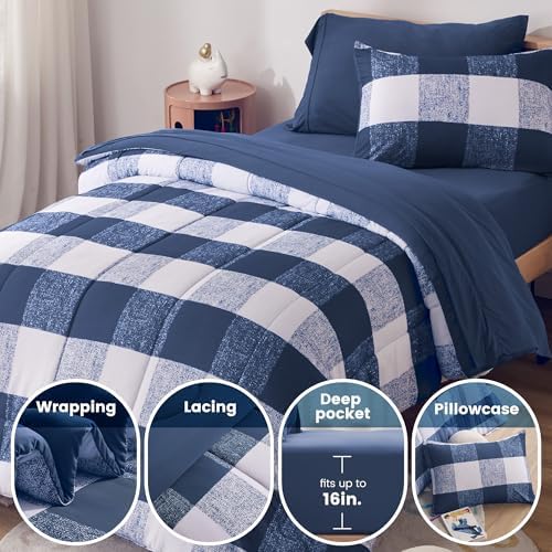 SLEEP ZONE Kids Comforter Set with Blue Grid Design