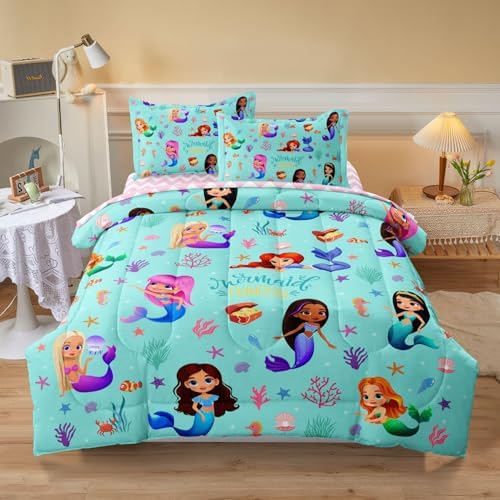 SIRDO Kids Mermaid Bed Set Twin Size 5-Piece