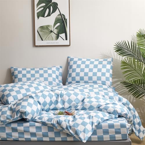 Wellboo Blue White Plaid Bed Sheet Set Full Set