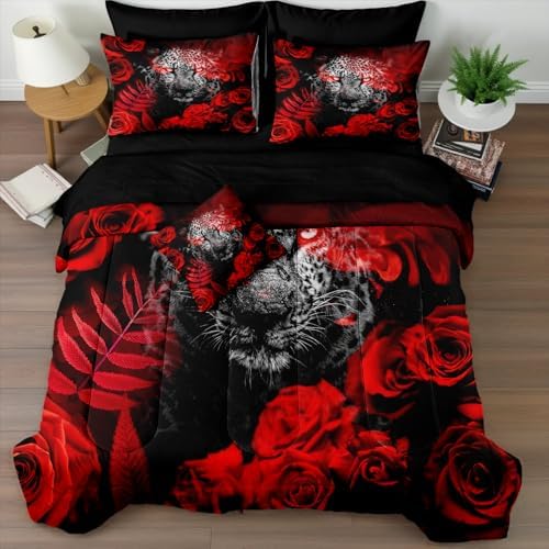 Bedbay Red Rose Leopard Comforter Set Cal-King