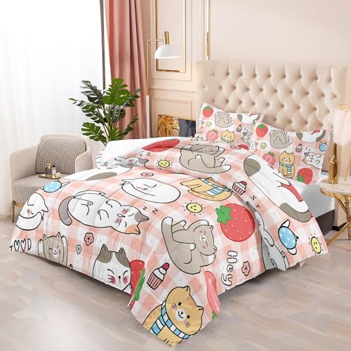 Kawaii Cat Comforter Set 3 Piece Full Size Kids Bedding
