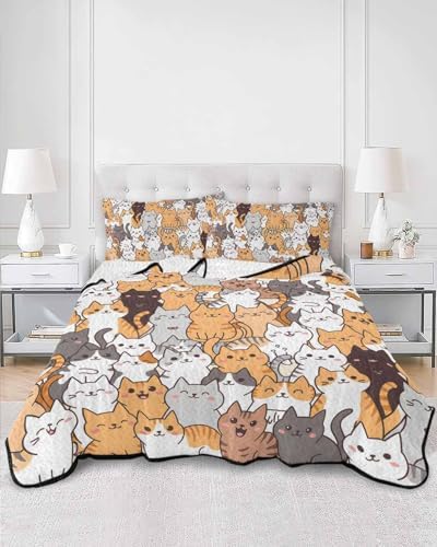Stongaro Quilt Twin XL Cartoon Cat Comforter Set 3 Pieces