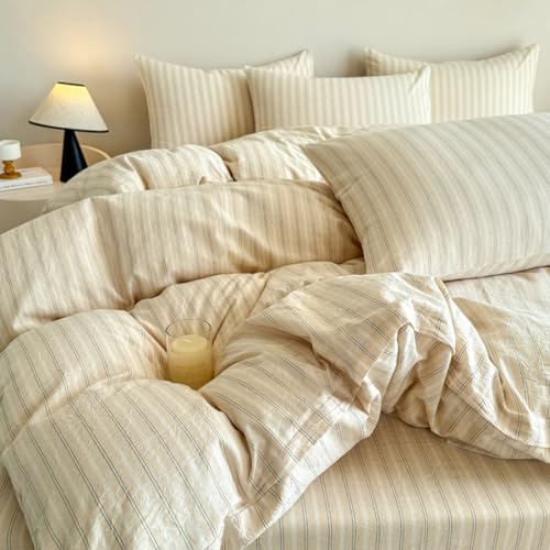PinkMemory Beige Striped Duvet Cover Set King
