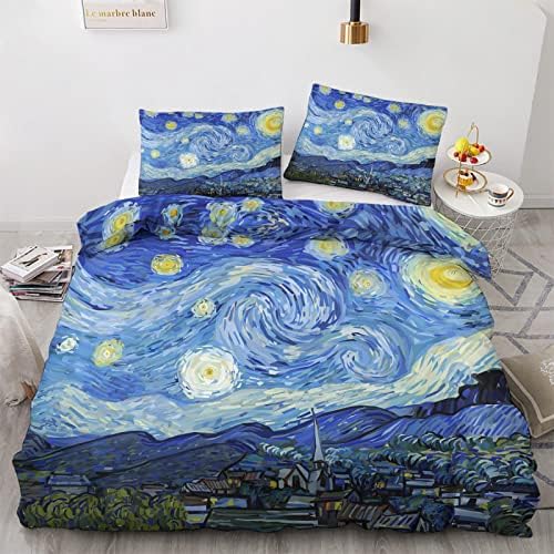 Cal King Duvet Cover Set Starry Night Pattern 3 Piece Microfiber Reversible