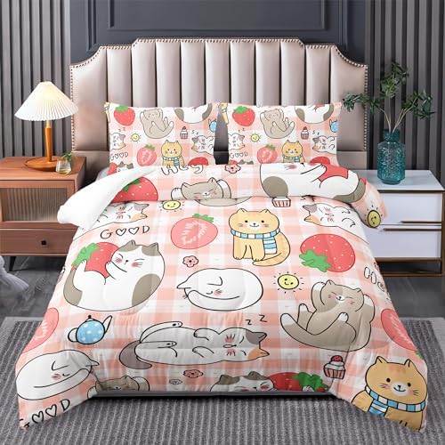 Kawaii Cat Comforter Set 3 Piece Full Size Kids Bedding
