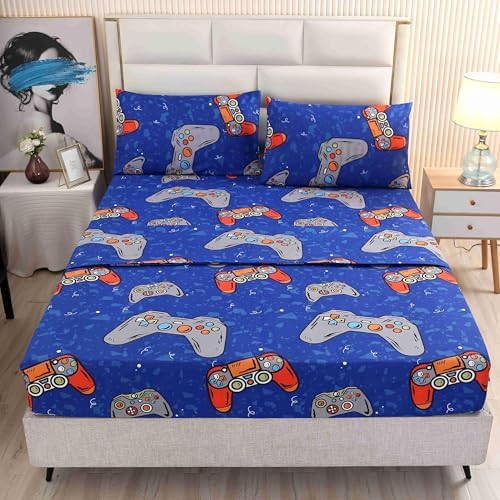 SDIII 4PCS Blue Gamer Sheets Set Full Size Microfiber