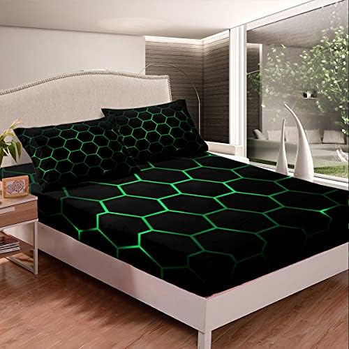 Feelyou Hexagonal Bedding Sheet Set Neon Green Black 3Pcs Full Size