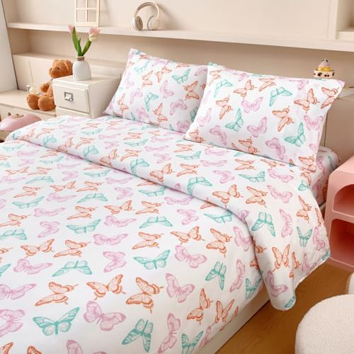 MICORAL Kids Full Sheet Set Butterfly 4 Piece