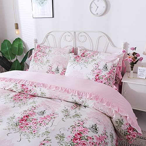 FADFAY Sweet Pink Rosette Floral Duvet Cover Set Queen 7Pcs