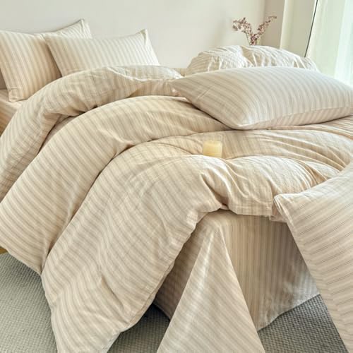 PinkMemory Beige Striped Duvet Cover Set King