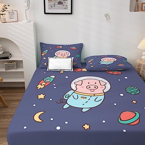 Kids Pig Sheet Set - Space Themed 3 Piece Bedding