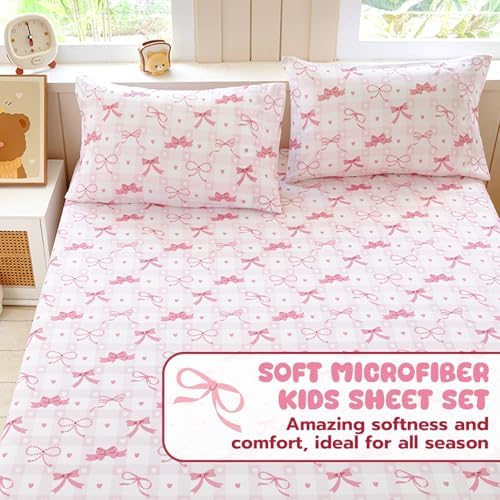 Homilay Queen Sheets Set Kids - 4 Piece Pink Bow Sheets 1