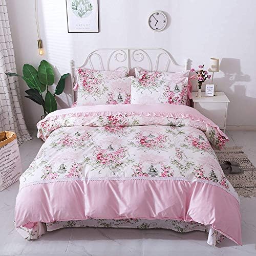 FADFAY Sweet Pink Rosette Floral Duvet Cover Set Queen 7Pcs