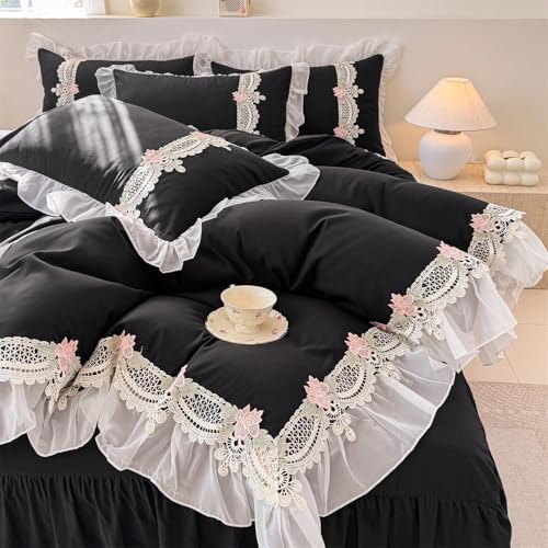 MOOWOO Flower Lace Ruffled Duvet Set - Sweet Girl Chiffon 3PC