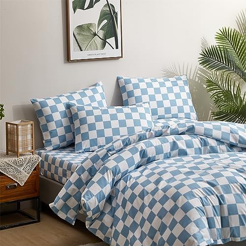 Wellboo Blue White Plaid Bed Sheet Set Full Set