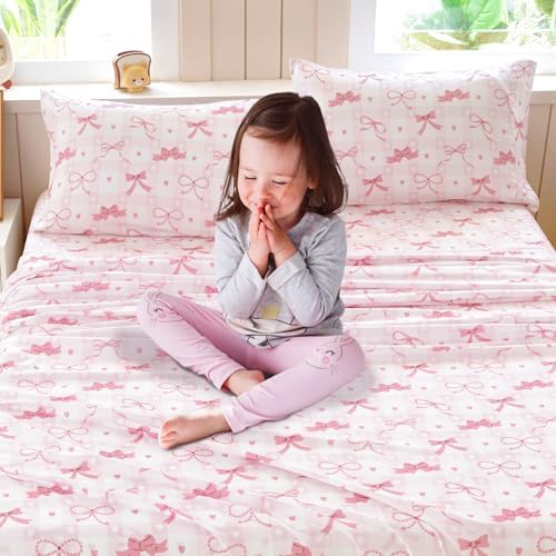 Homilay Queen Sheets Set Kids - 4 Piece Pink Bow Sheets 1
