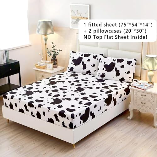SDY 3PCS Cow Print Fitted Sheet Set Queen Size